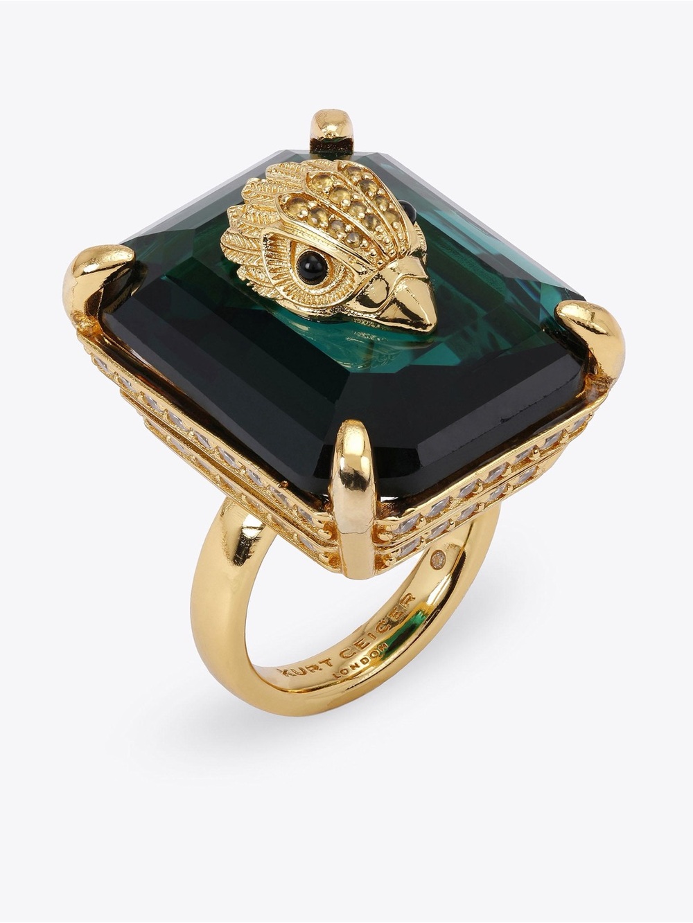NEW IN BOX KURT GEIGER LONDON GOLD TONE EAGLE HEAD COCKTAIL RING GREEN 8